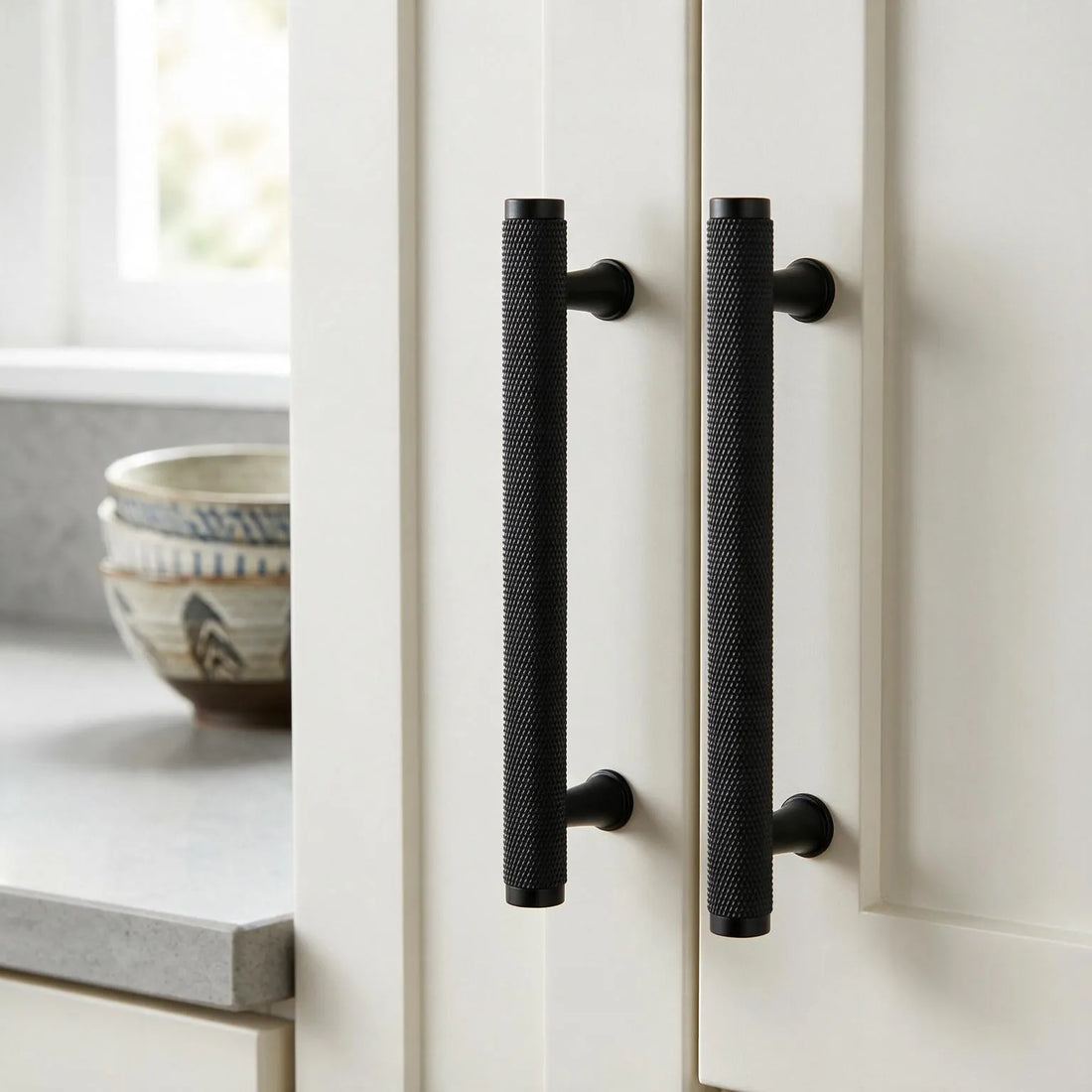 Two long black textured cabinet handles mounted on white kitchen doors, with a countertop and bowls visible in the softly lit background.