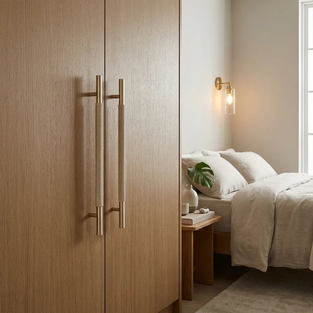 A pair of tall wooden wardrobe doors with long, slim brushed brass handles in a modern bedroom setting.