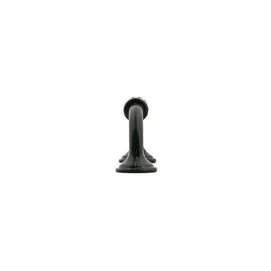A glossy black metal faucet spout or handle shown from the back against a solid white background.