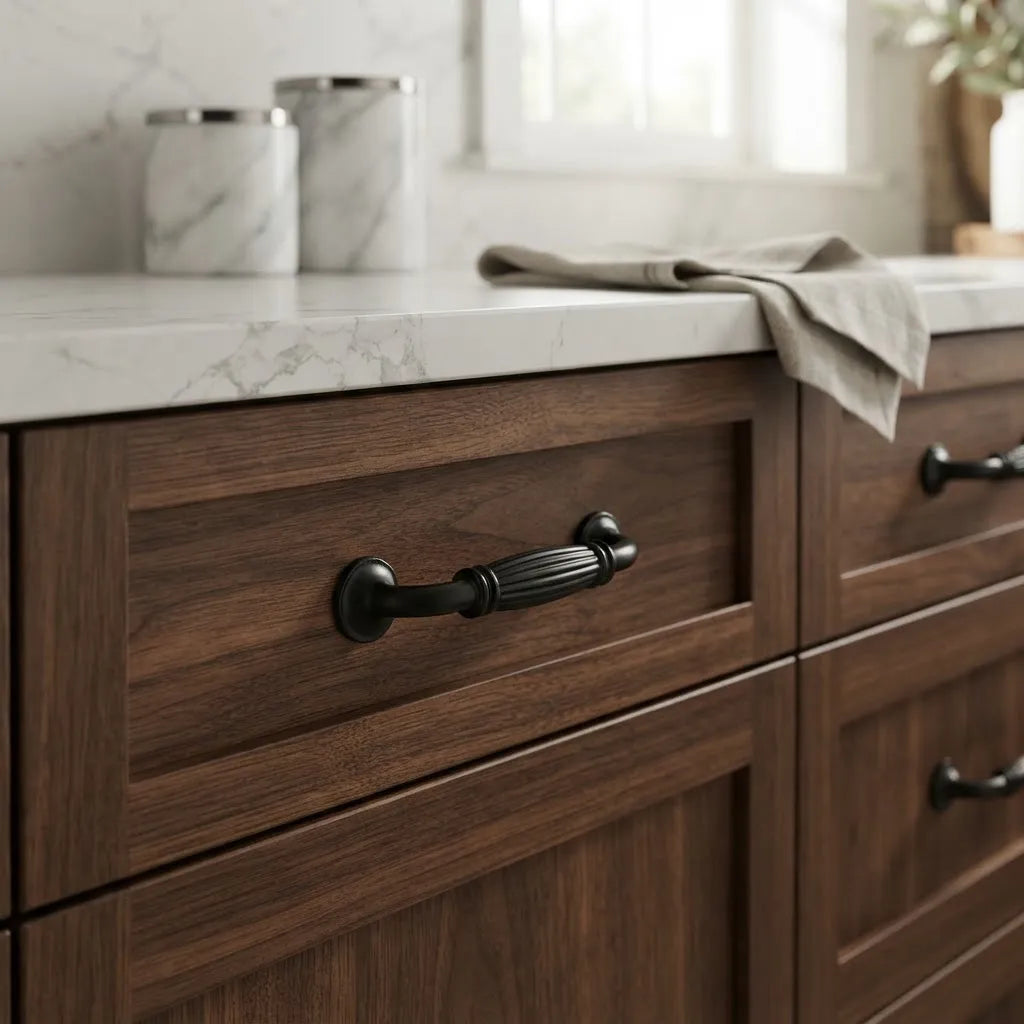 A close-up of a dark brown wood kitchen drawer with a black metal bar handle, set under a white marble countertop with a folded beige cloth.