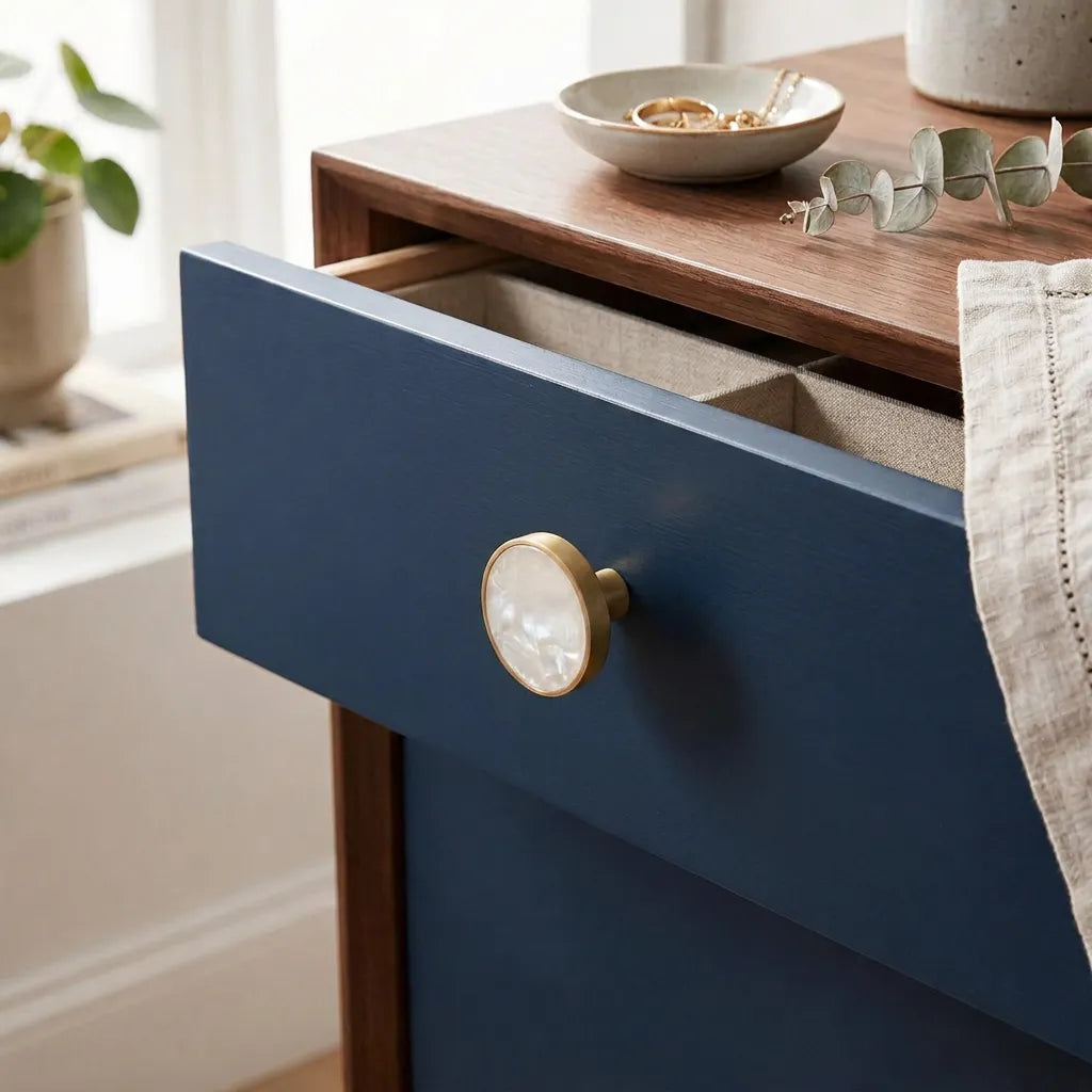 A close-up of a navy blue drawer with a round mother-of-pearl knob and a brushed gold frame, set on a wooden nightstand in a bright room.
