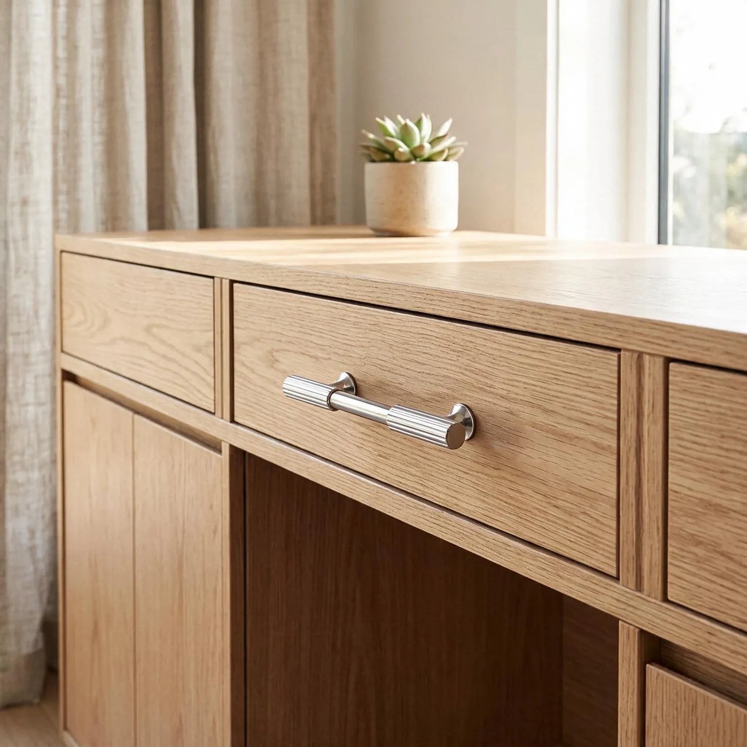A light oak wood writing desk with a silver drawer pull handle, shown in a bright room next to a window with beige curtains and a small potted succulent on top.