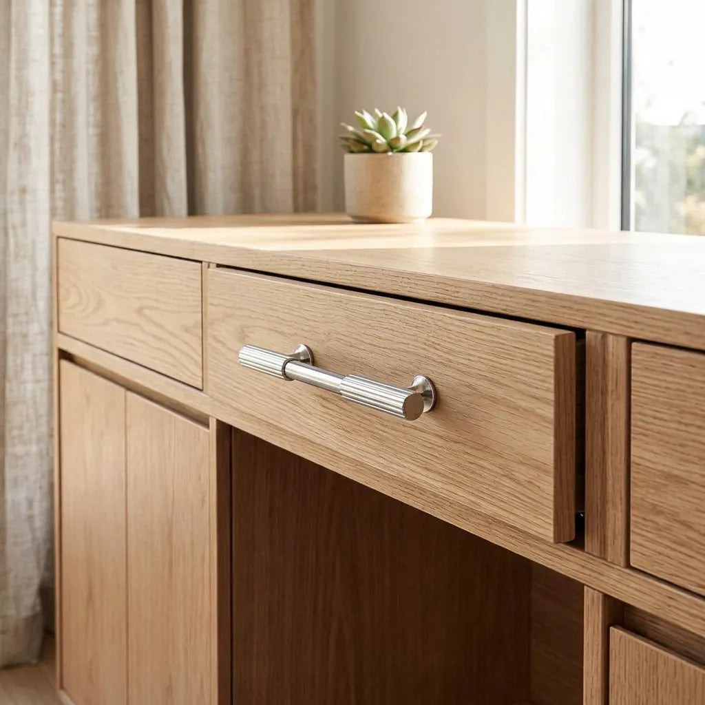 A light oak wood writing desk with a silver bar handle, shown in a bright room next to a window with beige curtains and a small potted succulent on top.