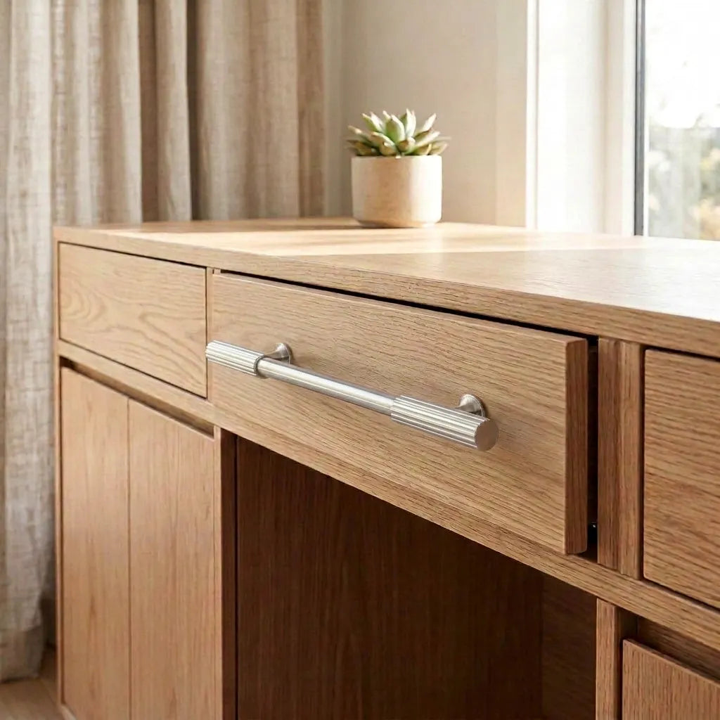A light oak wood writing desk with a silver drawer handle, shown in a bright room next to a window with beige curtains and a small potted succulent on top.