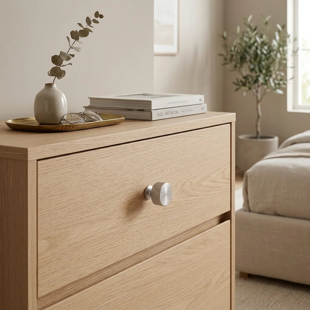 A light oak wood nightstand with two drawers and a round silver knob, styled in a bright, modern bedroom next to a bed.