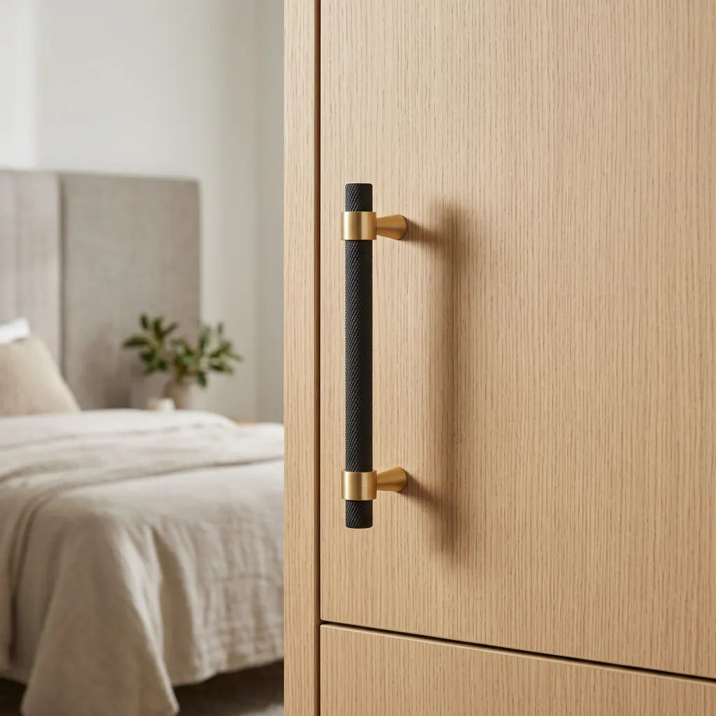 A modern bedroom scene showing a light wood cabinet door with a long vertical handle. The handle has a textured black center with brushed gold end caps and mounting hardware.