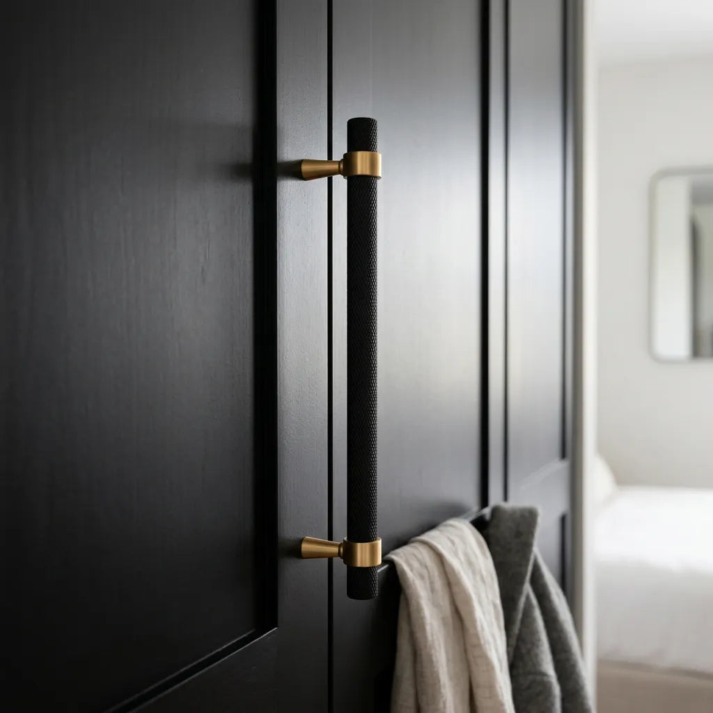 A modern black cabinet door with a long vertical black handle featuring brushed brass end caps and brackets, shown in a real interior setting with a towel hanging nearby.