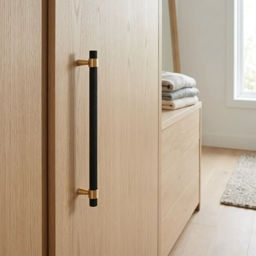 A modern long bar handle with a matte black center and brushed brass end caps, mounted on a light oak wood cabinet door in a bright, minimalist room.