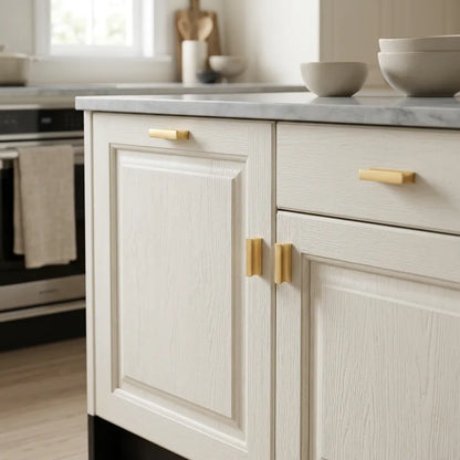 Cream-colored kitchen cabinets with light wood grain texture and gold bar handles, set under a gray stone countertop in a bright kitchen.