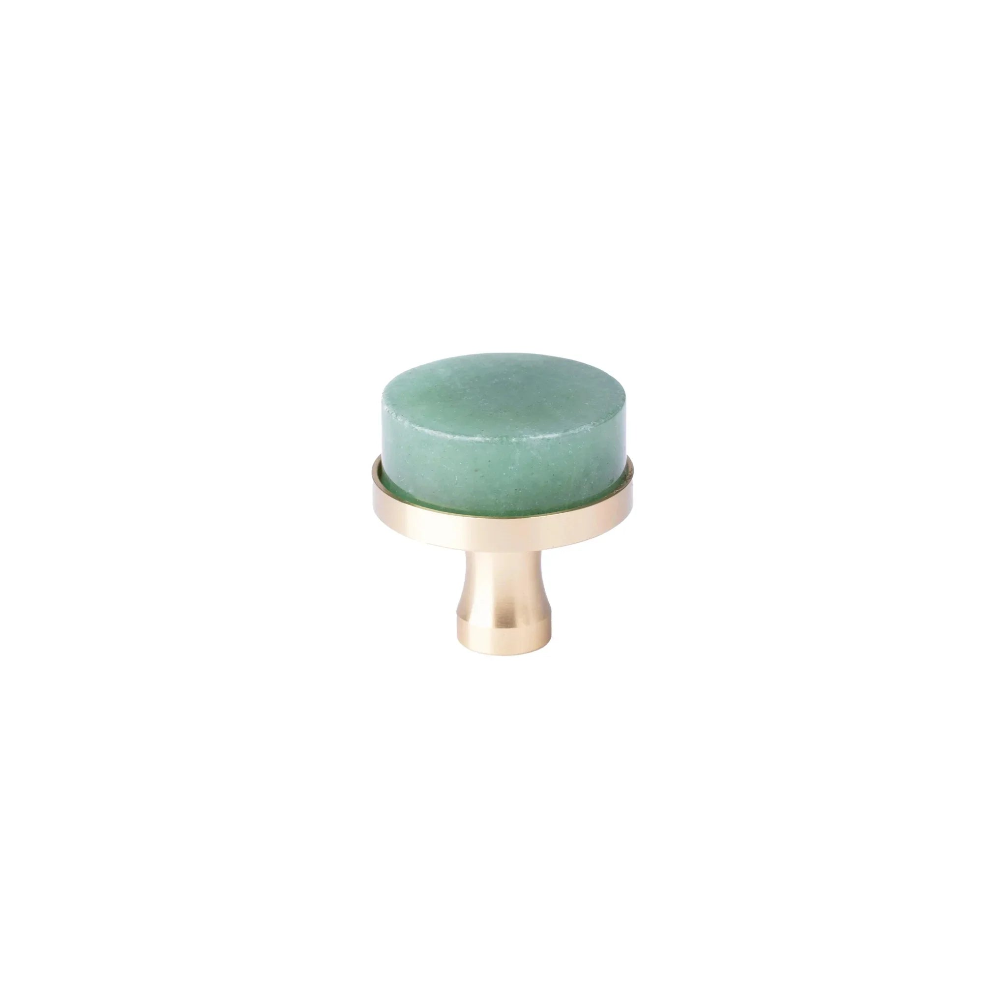 A modern cabinet knob featuring a round, textured sage green stone top mounted on a brushed brass or gold-finished metal base, shown against a plain white background.