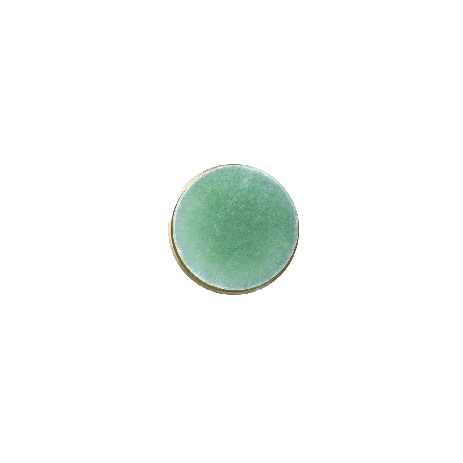 A single round light green gemstone with a gold, centered on a plain white background.