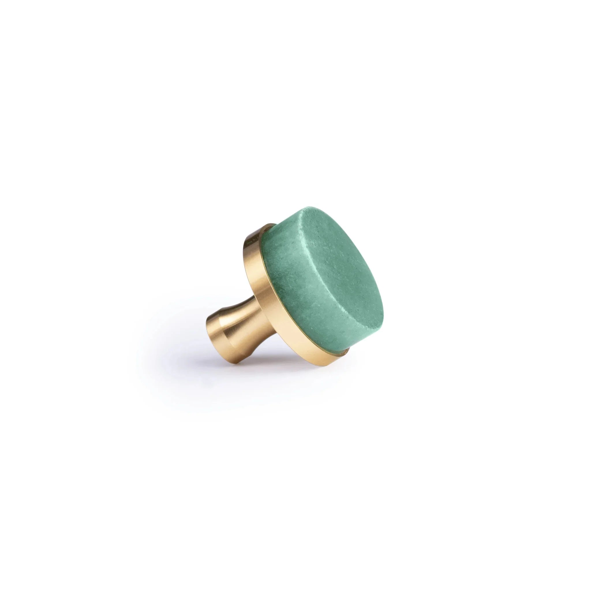 A single round cabinet knob with a textured mint green top and a brushed gold metal base, shown on a clean white background.