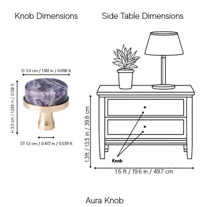 A dimension diagram showing the dimensions of a marble knob and a side table, with labels &