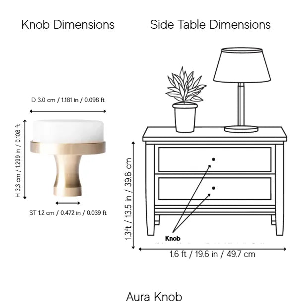 A dimension diagram showing the Aura Knob and side table measurements. On the left, a line drawing of the knob with labeled dimensions (D, H, ST) appears under the heading &