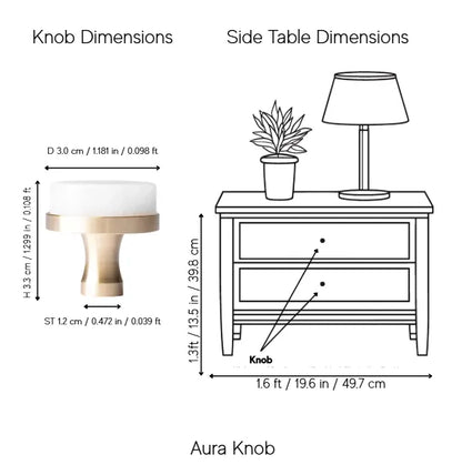 A dimension diagram showing the Aura Knob and side table measurements. On the left, a line drawing of the knob with labeled dimensions (D, H, ST) appears under the heading &