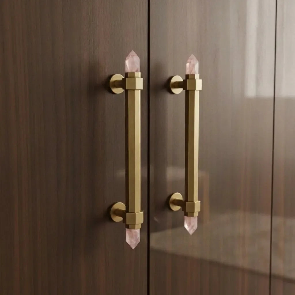 The Mantara C-0015 Quartz Handle is a modern brass and crystal handle in white, ideal for doors, wardrobes, and cabinets.