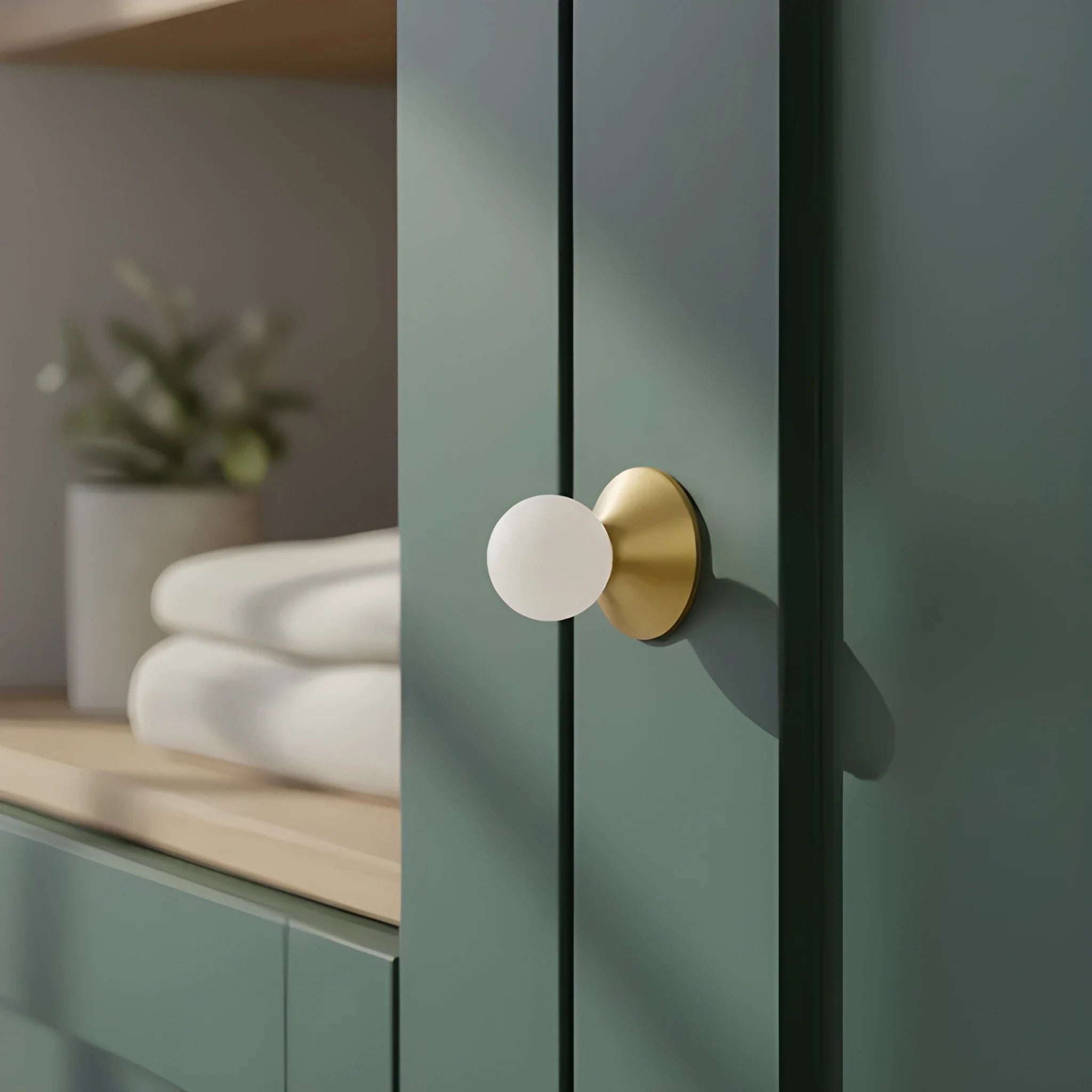 Crystal and brass round cabinet knob in white finish by Mantara, model Astro Knob with  C-0021.