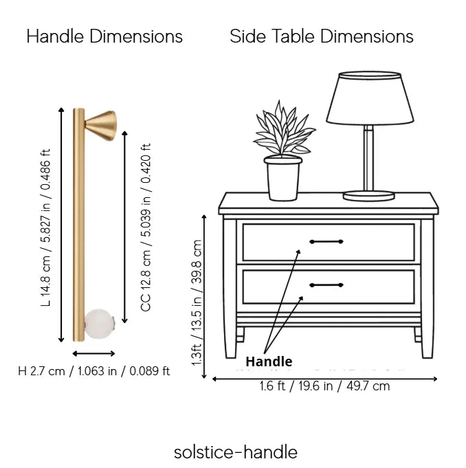 A dimension diagram showing the handle dimensions and side table dimensions for a solstice-handle product. The left side shows a line drawing of a brass-colored wall handle with labeled measurements.