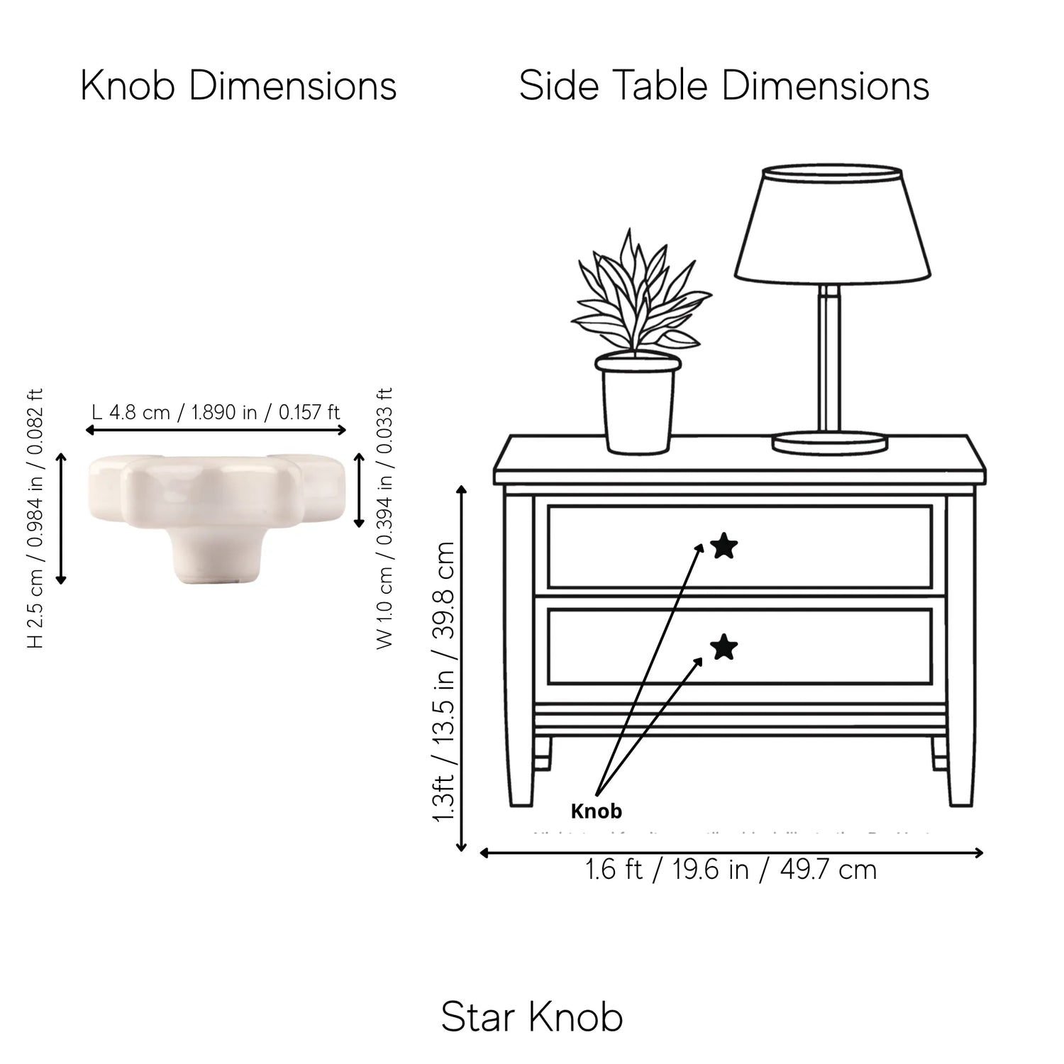 A dimension diagram showing a white star-shaped knob on the left labeled &