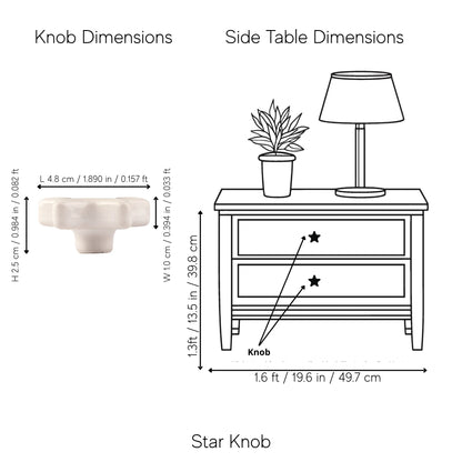 A dimension diagram showing a white star-shaped knob on the left labeled &