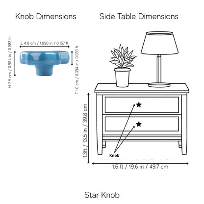A dimension diagram showing a blue star-shaped knob with labeled measurements and a side table illustration with labeled dimensions, captioned &