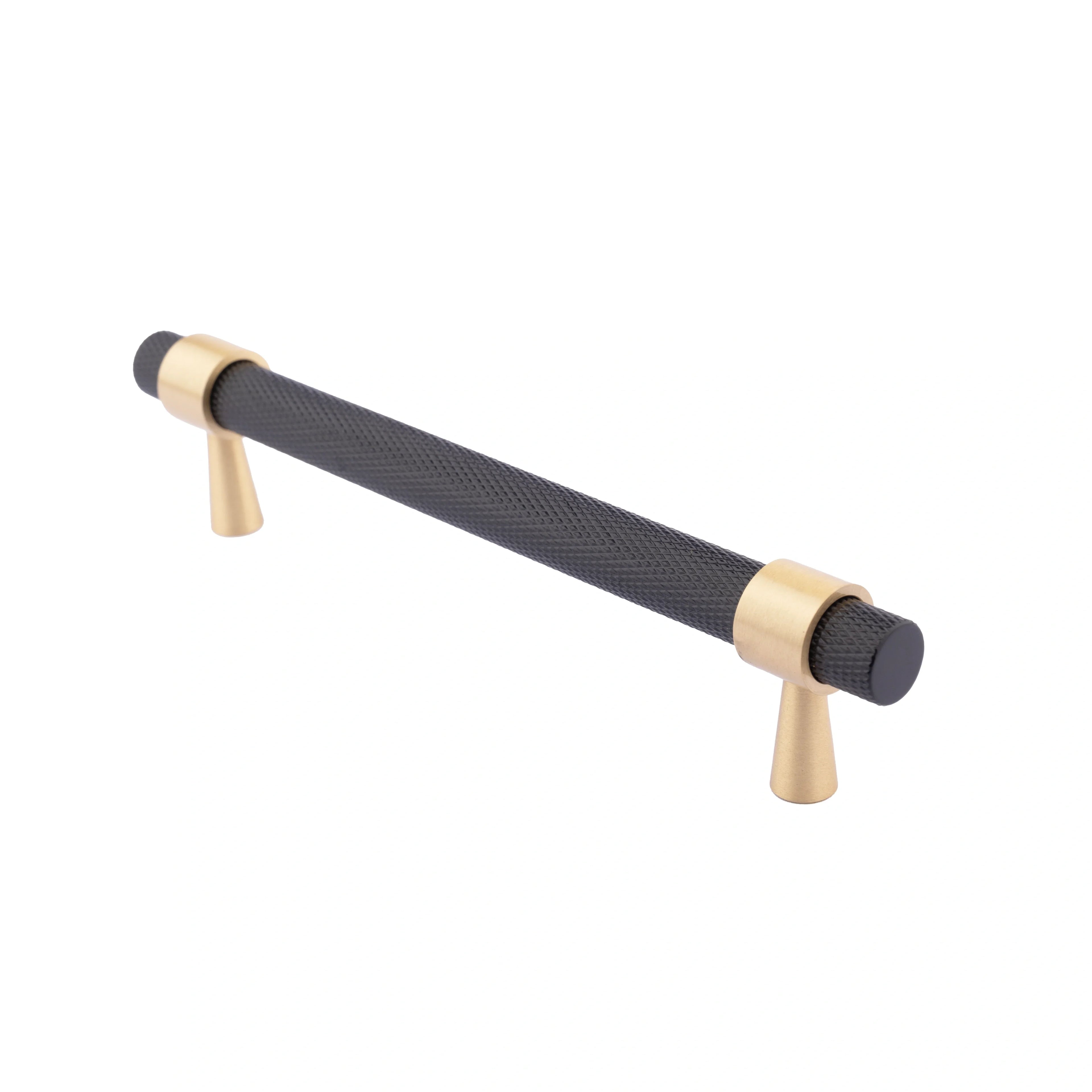  Mantara Cleo T Bar Handle B-0064 is a modern knurled brushed brass handle in black ,ideal for wardrobes and cabinets.