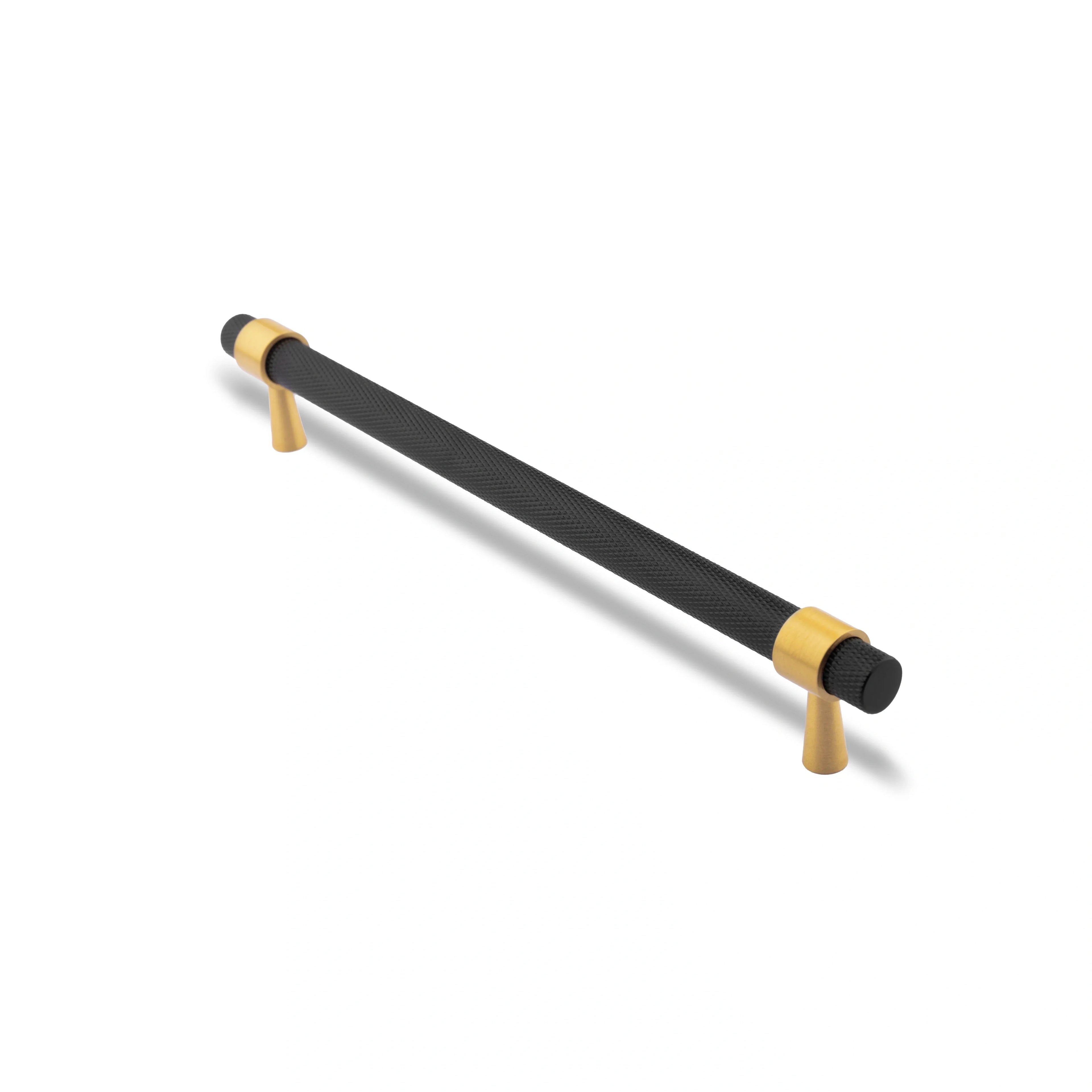  Mantara Cleo T Bar Handle B-0064 is a modern knurled brushed brass handle in black ,ideal for wardrobes and cabinets.