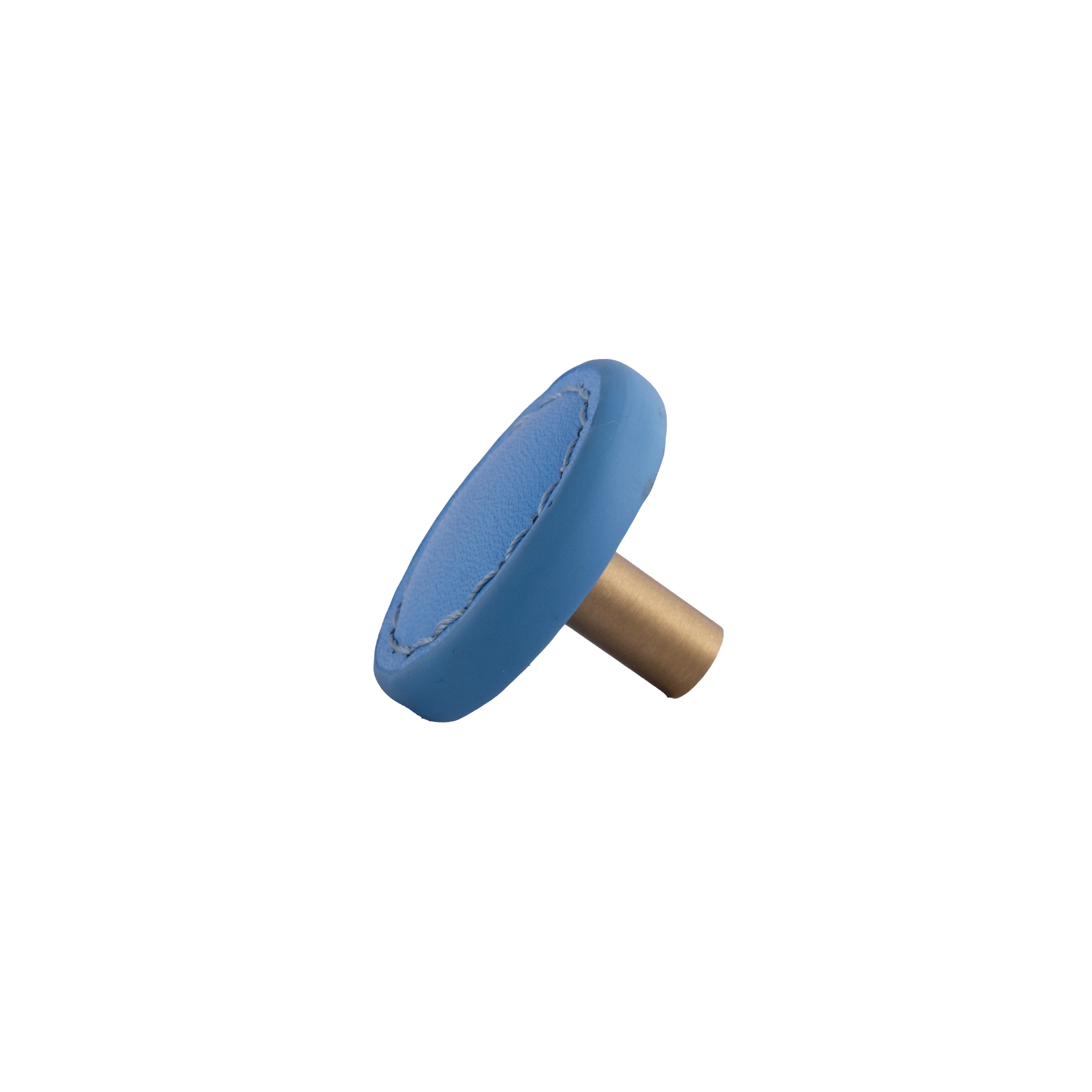 The Mantara L-0008 Sofia Round Knob is a modern leather knob in Blue, ideal for cabinets and wardrobes.