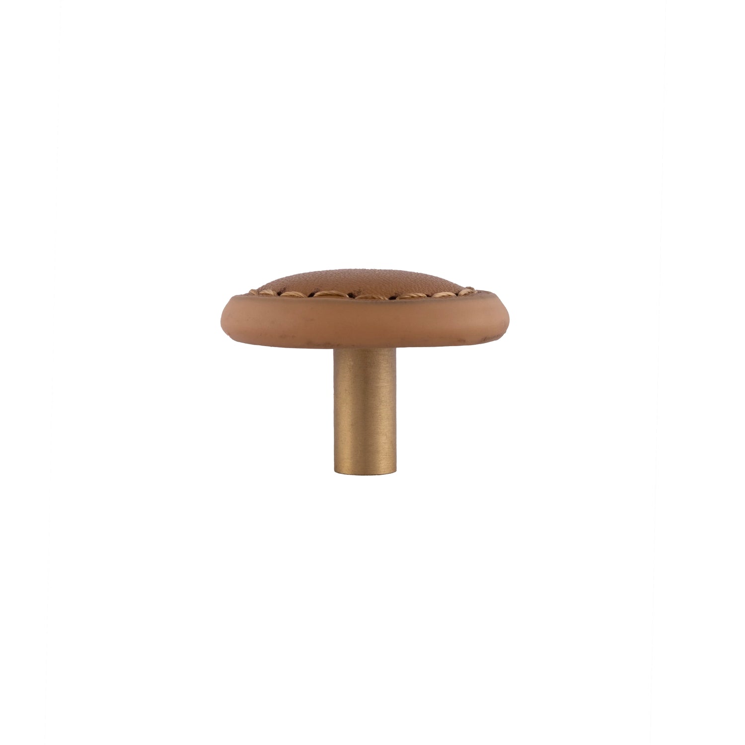 The Mantara L-0008 Sofia Round Knob is a modern leather knob in brown, ideal for cabinets and wardrobes.