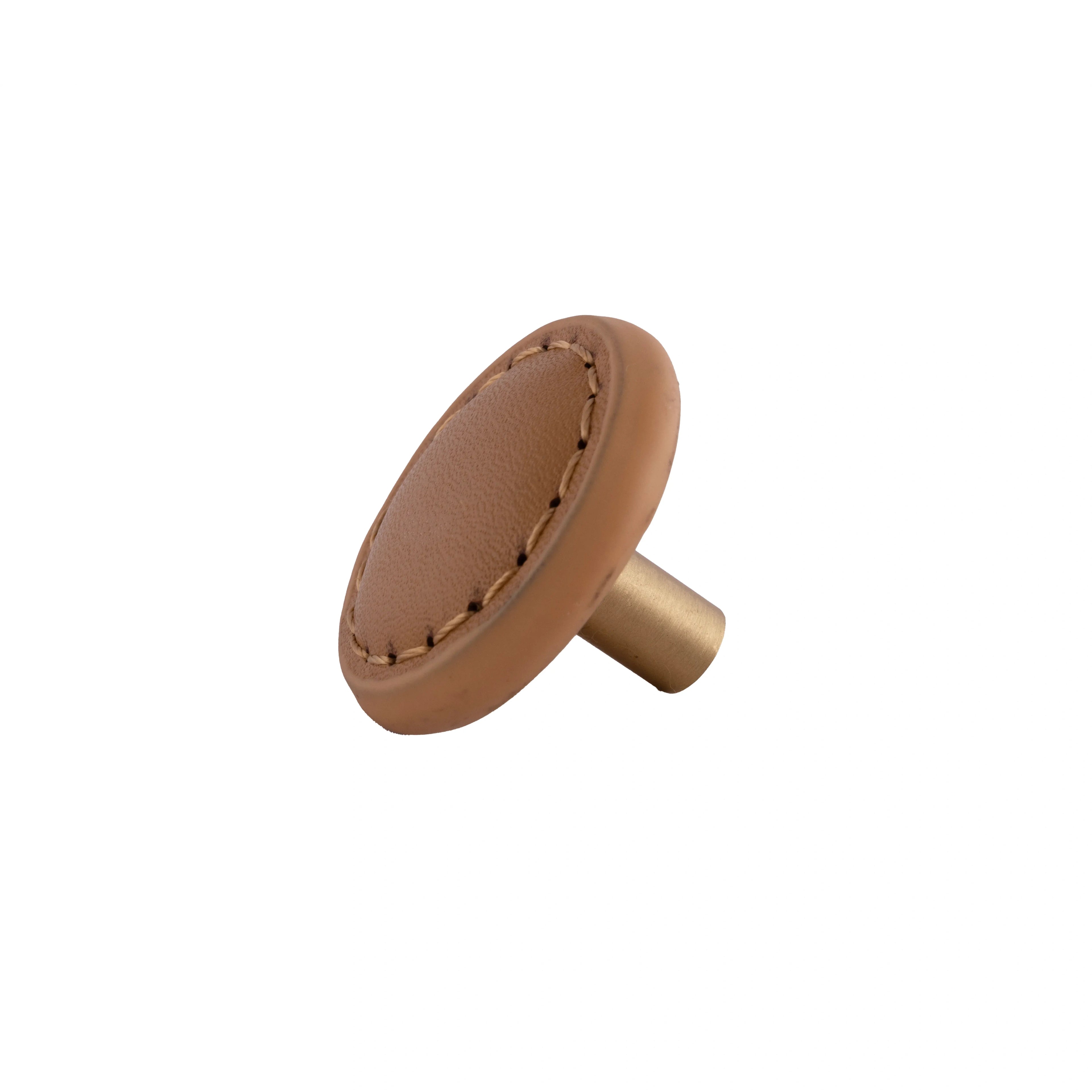 The Mantara L-0008 Sofia Round Knob is a modern leather knob in brown, ideal for cabinets and wardrobes.