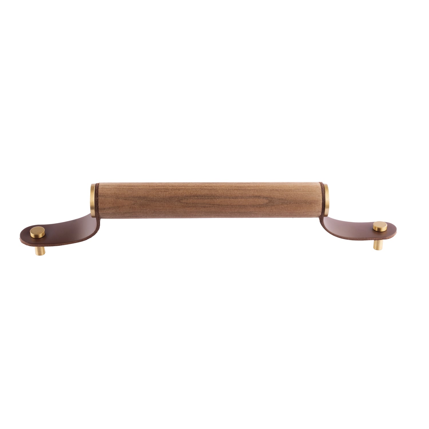 Mantara Ranch Handle W-0006 is a modern brass, leather &amp; wood handle in brown with brushed finish, ideal for wardrobes.