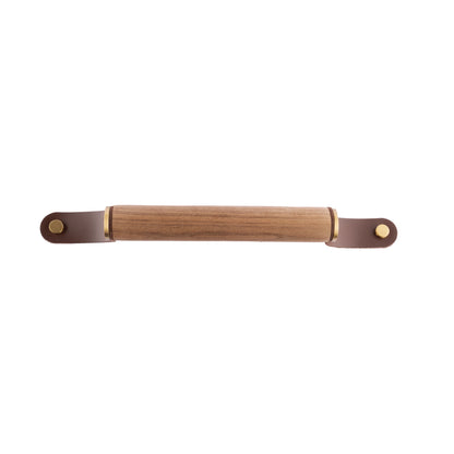 Mantara Ranch Handle W-0006 is a modern brass, leather &amp; wood handle in brown with brushed finish, ideal for wardrobes.