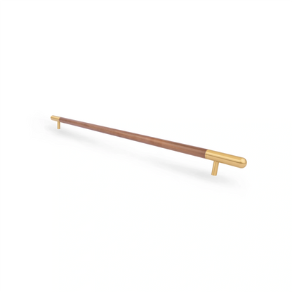 Mantara Mahogany Handle W-0003-H is a natural wood handle in brown with brushed brass finish, ideal for doors &amp; furniture.