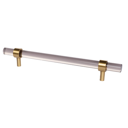 A modern cabinet bar handle, Petra V crafted from grey acrylic with polished brass mounts, model A-0011 by Mantara, SKU A-0011.