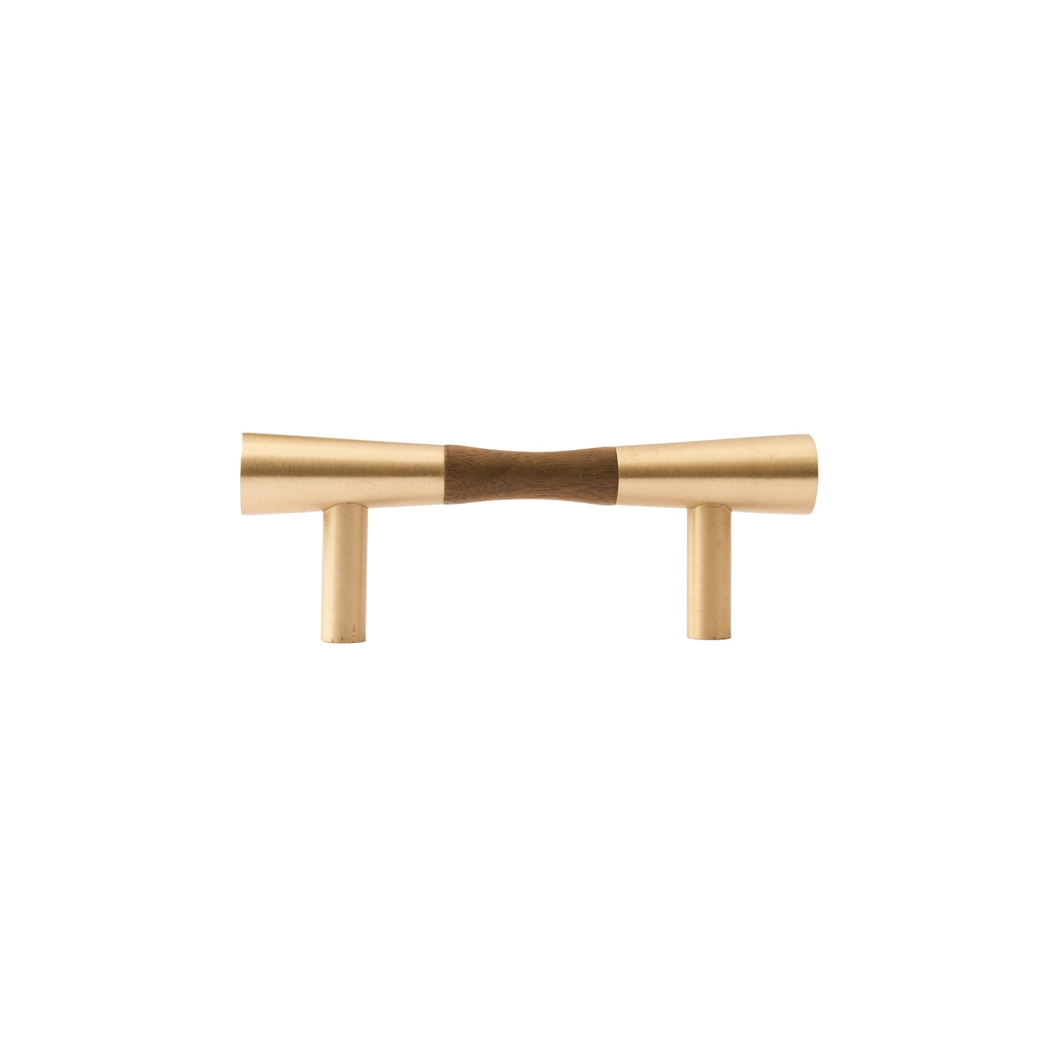 Furniture handle in brass and wood, featuring a tapered form in brown and gold finish, Sylvia Handle W-0014 by Mantara.