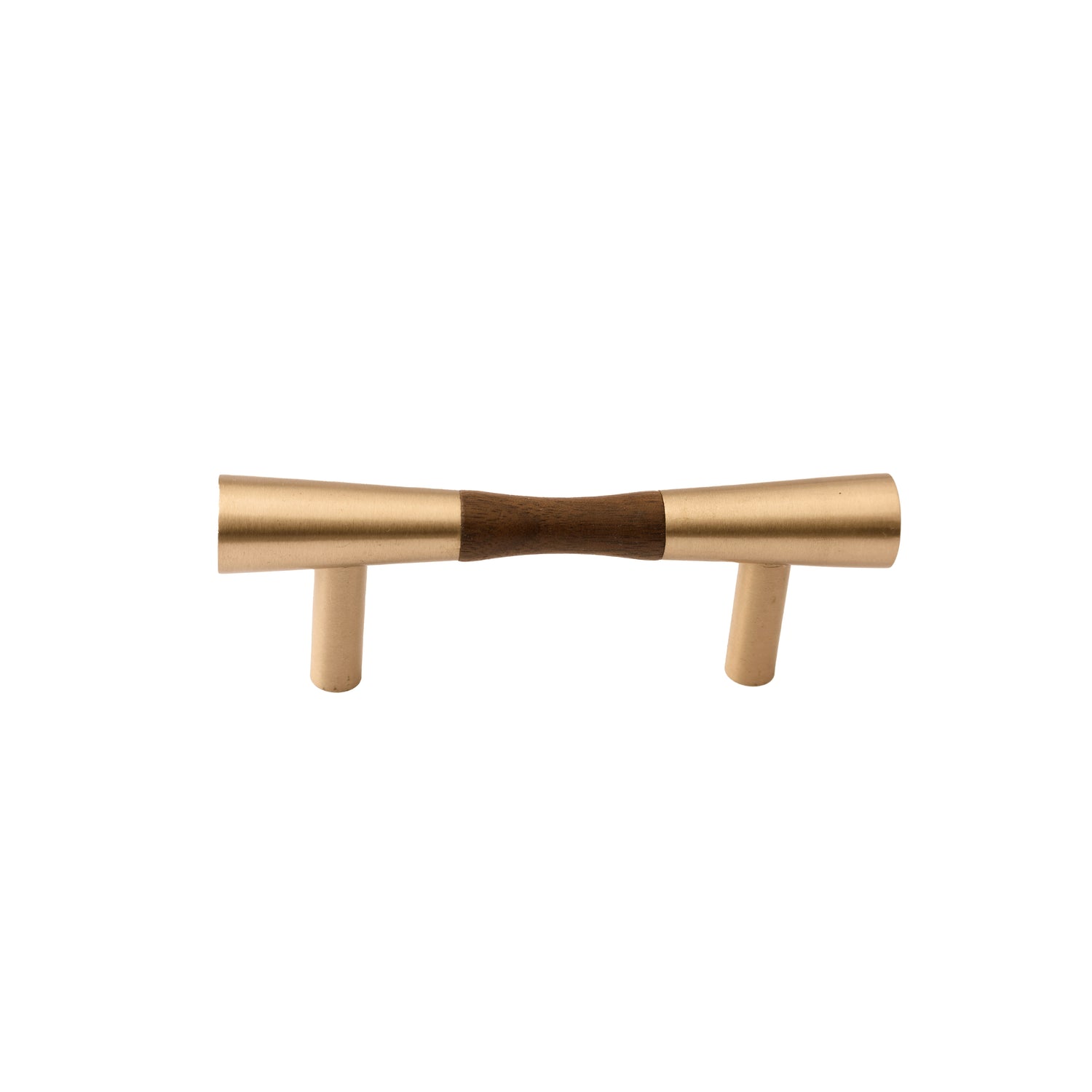 Furniture handle in brass and wood, featuring a tapered form in brown and gold finish, Sylvia Handle W-0014 by Mantara.