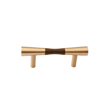 Furniture handle in brass and wood, featuring a tapered form in brown and gold finish, Sylvia Handle W-0014 by Mantara.