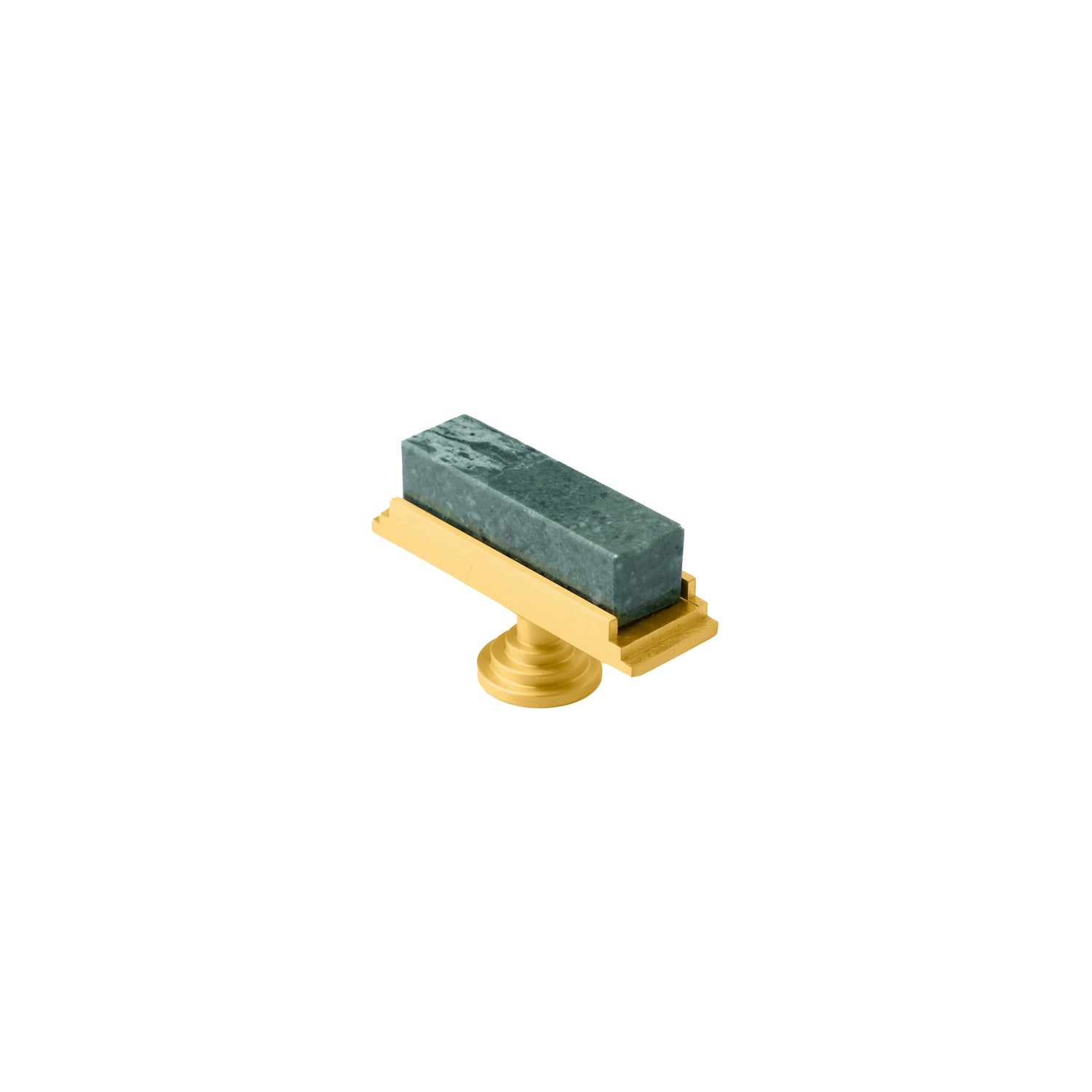 The Mantara M-0010 Fuji Handle is a modern marble and brass handle in green, ideal for kitchens, cabinets, and bathrooms.