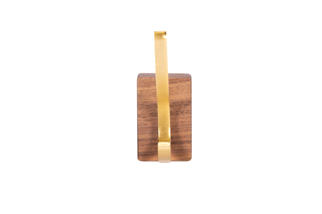 Mantara Thorne Hook W-0032 is a modern space aluminum and walnut hook in gold and  ideal for kitchen and dresser drawers.