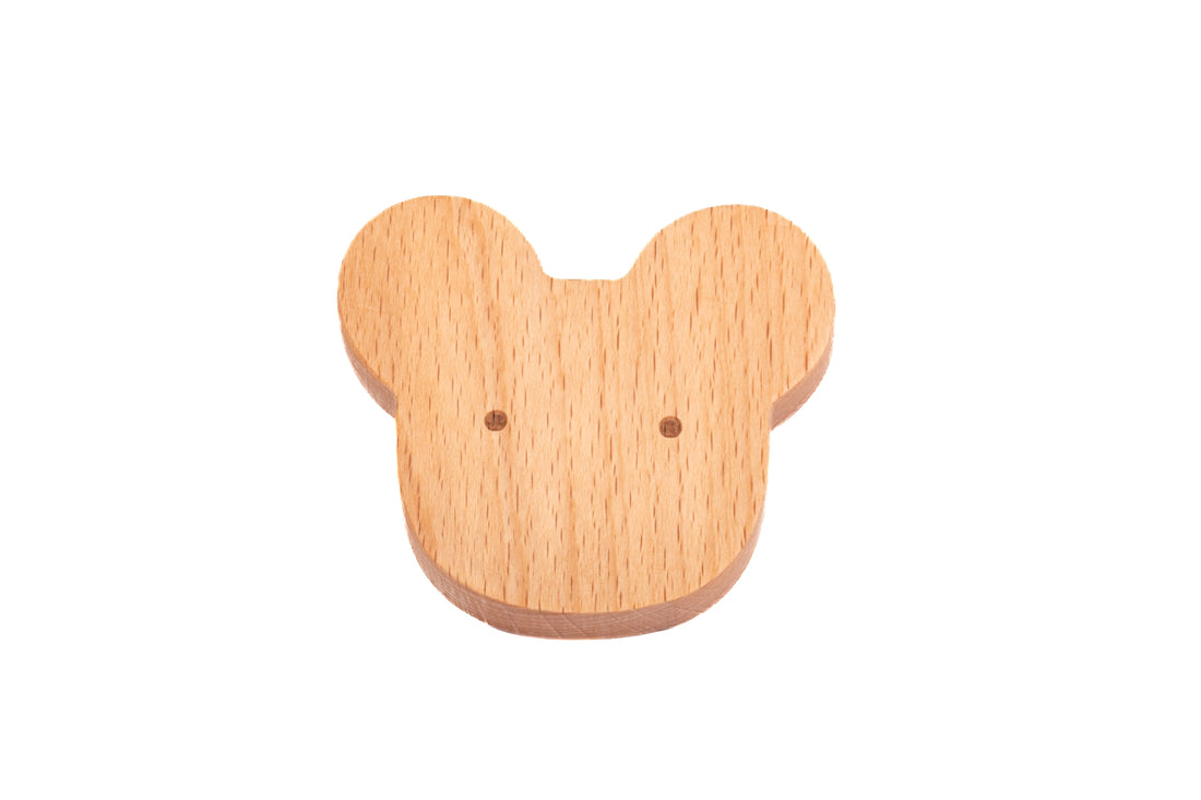 Mantara Mouse Knob  W-0024 is a modern beige wooden knob/hook in brushed finish, ideal for kids’ rooms, drawers, and cabinets