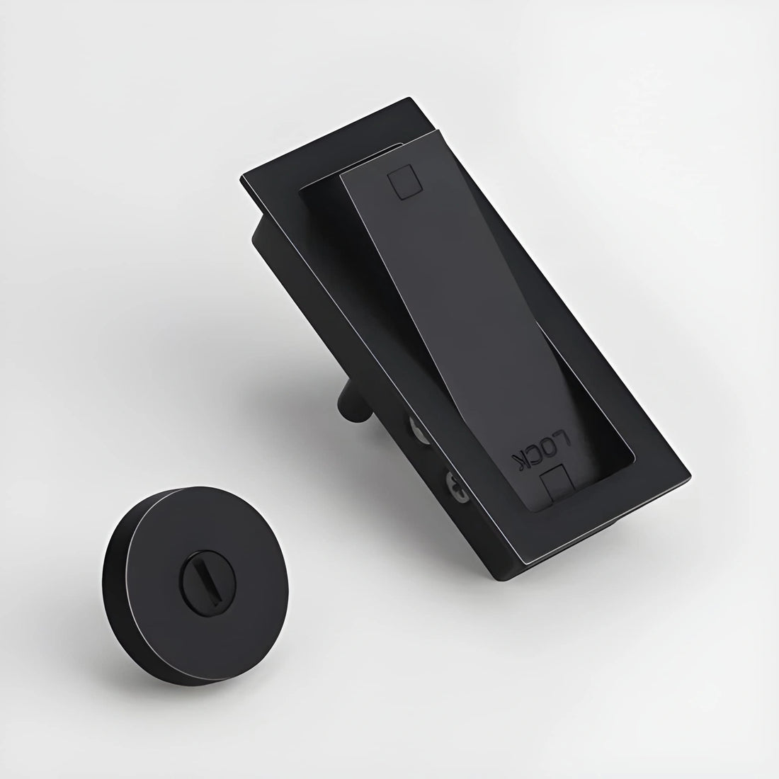 Mantara Pull Lock SKU MTS-001 is a modern zinc lock in brushed gunmetal grey and black finish for drawers.