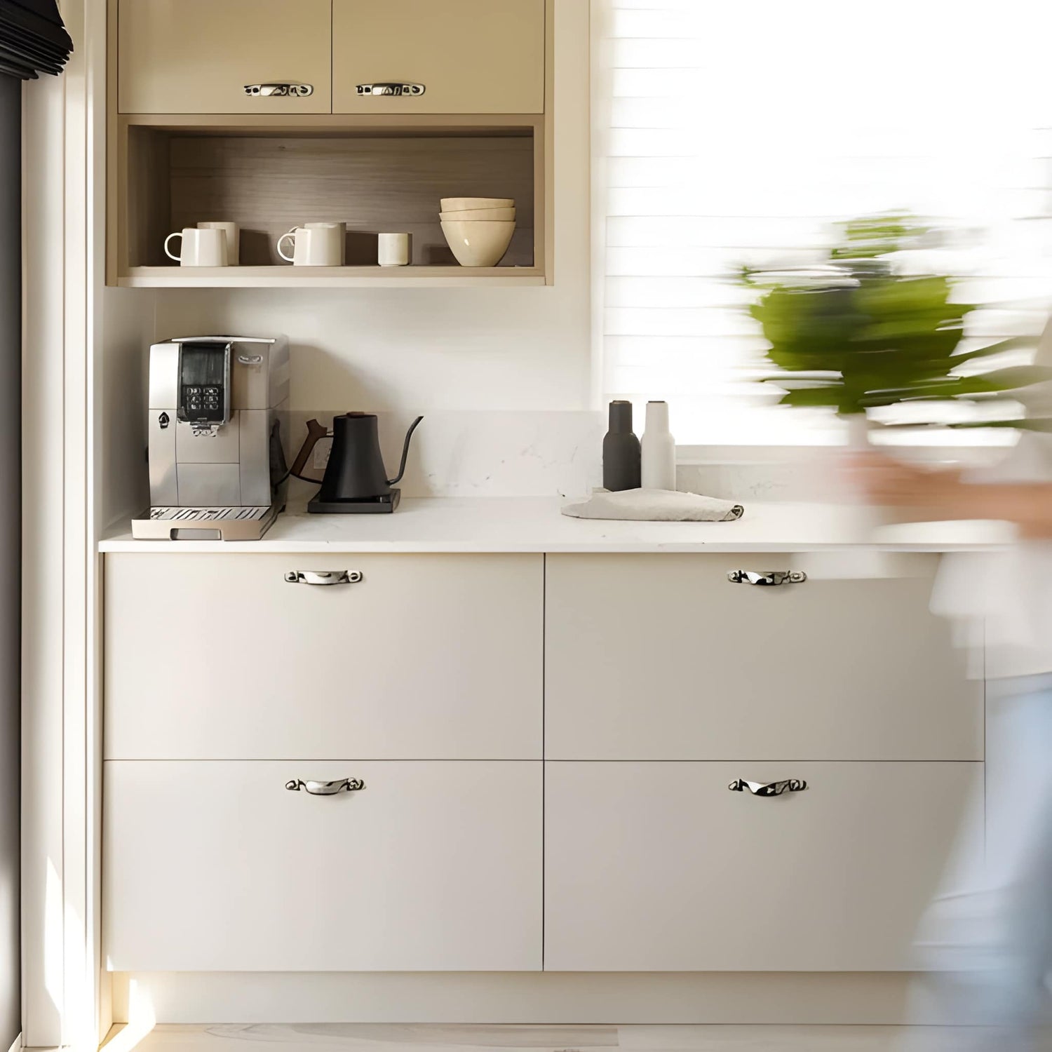 Caren Knob B-0144 modern brass pull handle, chrome brushed finish, 120mm, suitable for cabinets, drawers &amp; wardrobes by Mantara