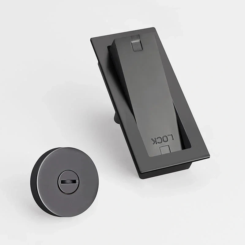 Mantara Pull Lock SKU MTS-001 is a modern zinc lock in brushed gunmetal grey and black finish for drawers.