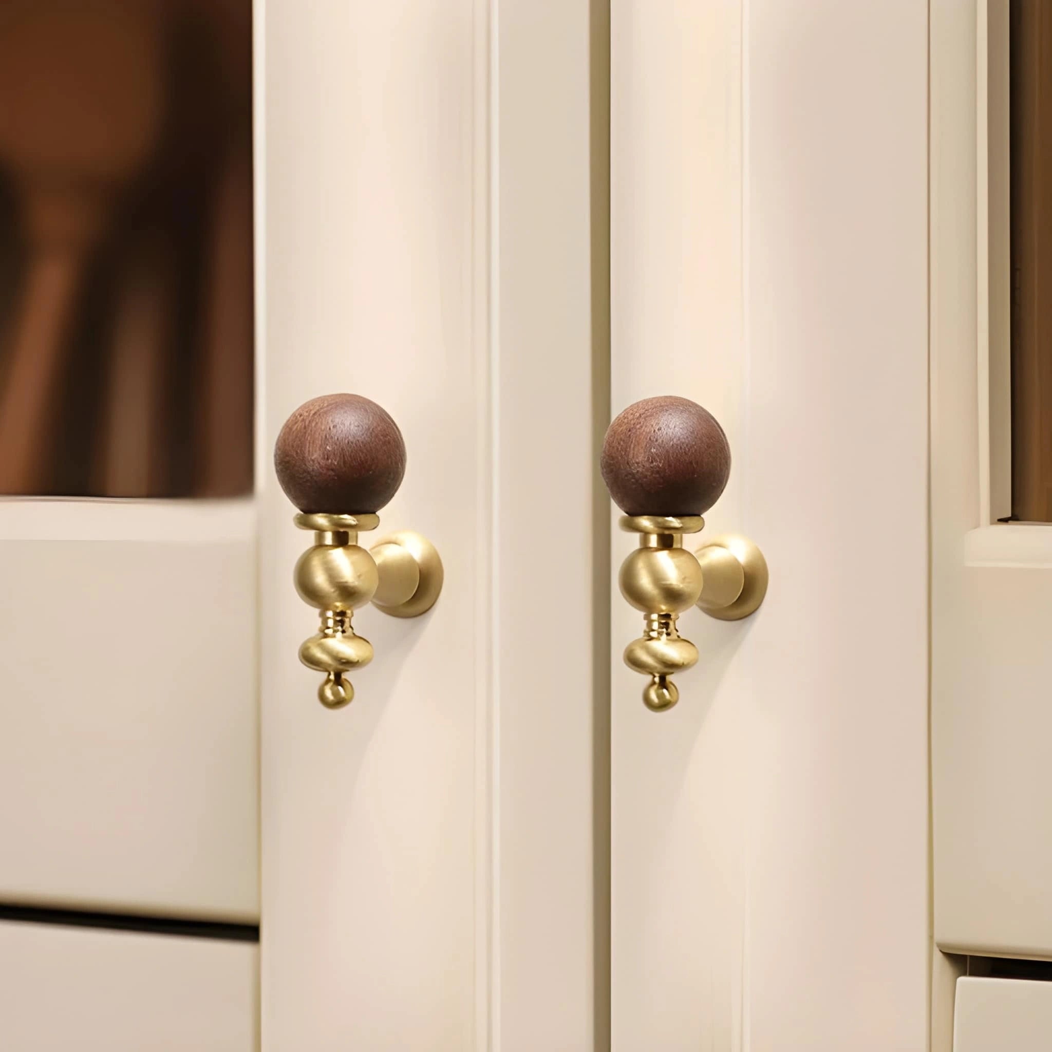 Eiris Knob W-0041 brass and wood cabinet knob, bronze &amp; gold brushed finish, 57mm size, suitable for kitchen drawers &amp; wardrobe units by Mantara