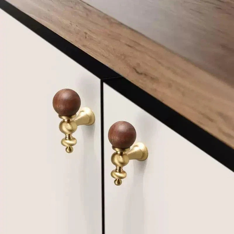 Eiris Knob W-0041 brass and wood cabinet knob, bronze &amp; gold brushed finish, 57mm size, suitable for kitchen drawers &amp; wardrobe units by Mantara
