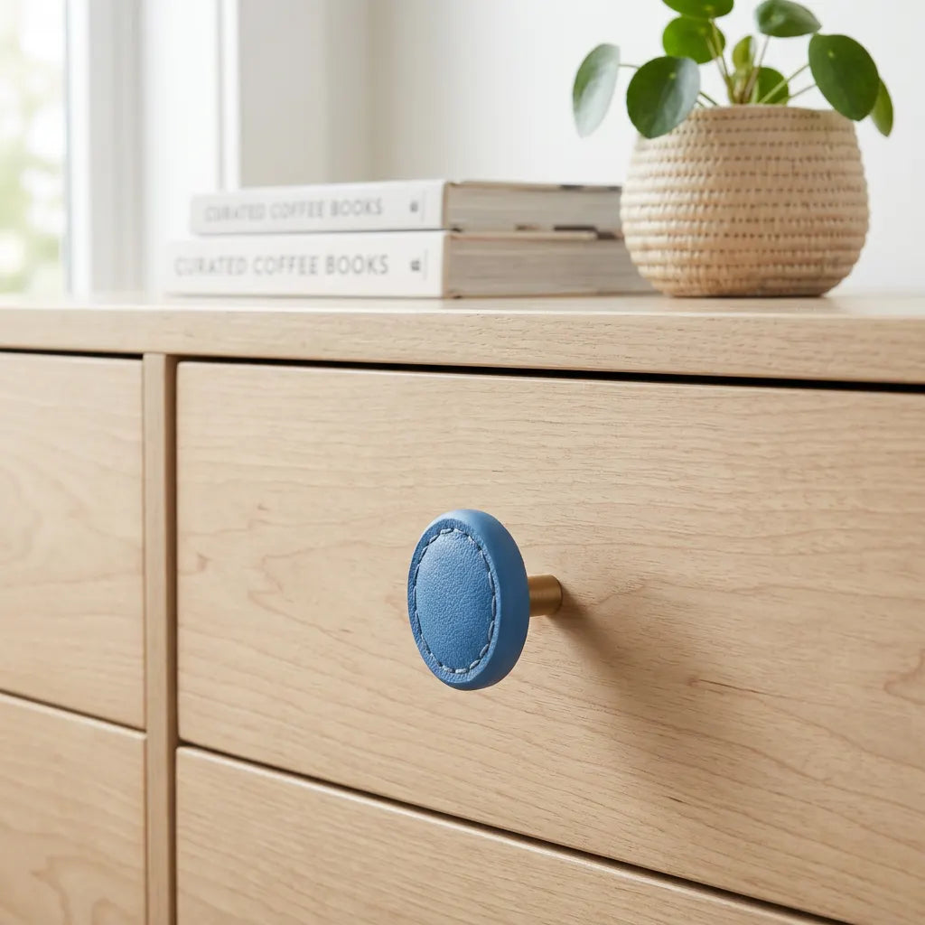 A close-up of a light wood dresser drawer featuring a round blue leather-covered knob, styled with books and a potted plant on top.
