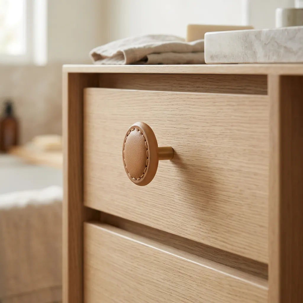 Close-up of a light oak wood nightstand with a round leather drawer knob, set in a softly blurred bathroom environment.