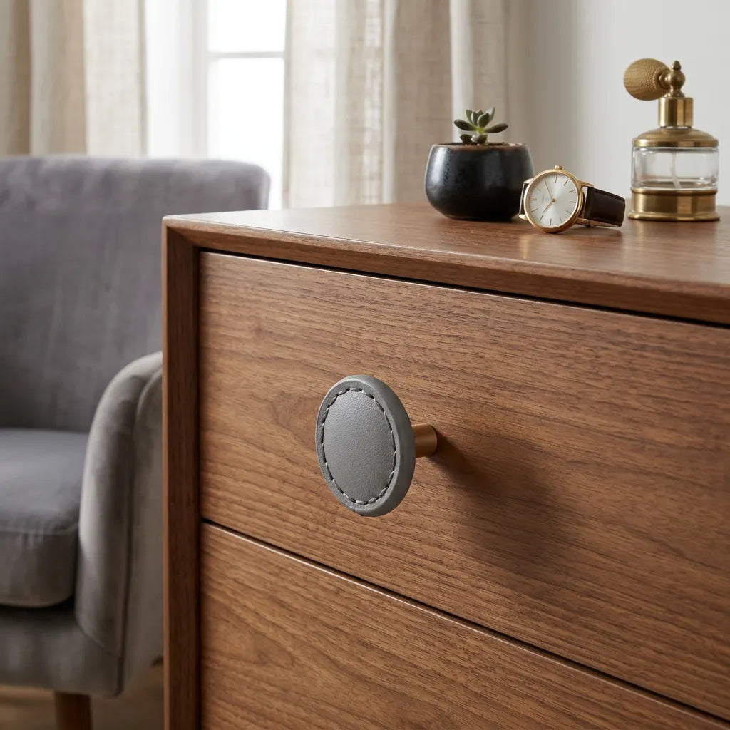 A close-up of a wooden dresser drawer featuring a round gray leather pull with visible stitching and a small wooden core.