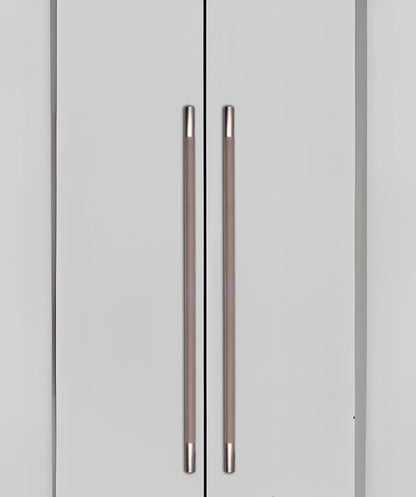 Gray cabinet doors with sleek metallic handles, blending seamlessly into a gray background, styled by Mantara.