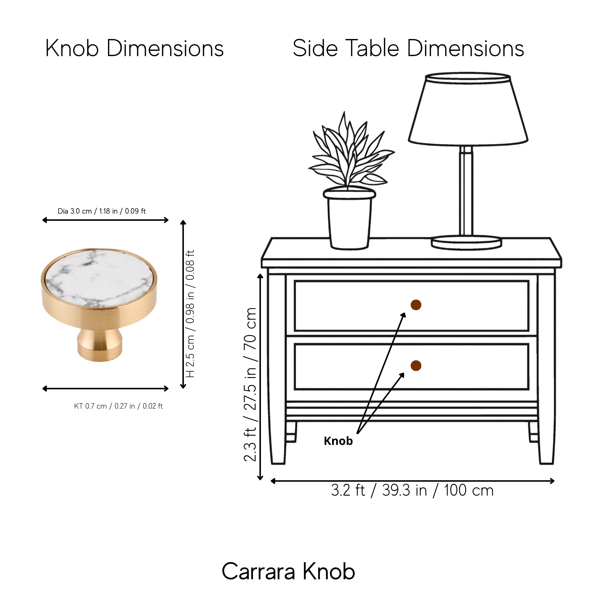 The Mantara M-0004 Carrara Knob is a modern stone and brass knob in white, ideal for drawers and cabinets.